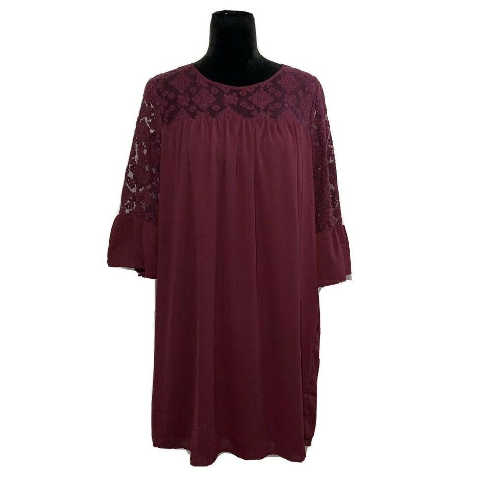Pleione Dress MED Burgundy‎ Shift Lace Neck 3/4 Ruffle Sl Lined Business Casual